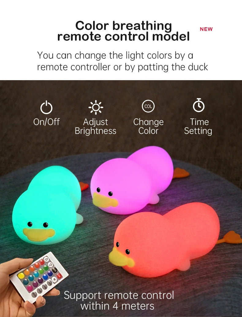 Duck Night Light – Soft Eye-Care LED Lamp for Kids, USB Rechargeable with Timer & Clap Control