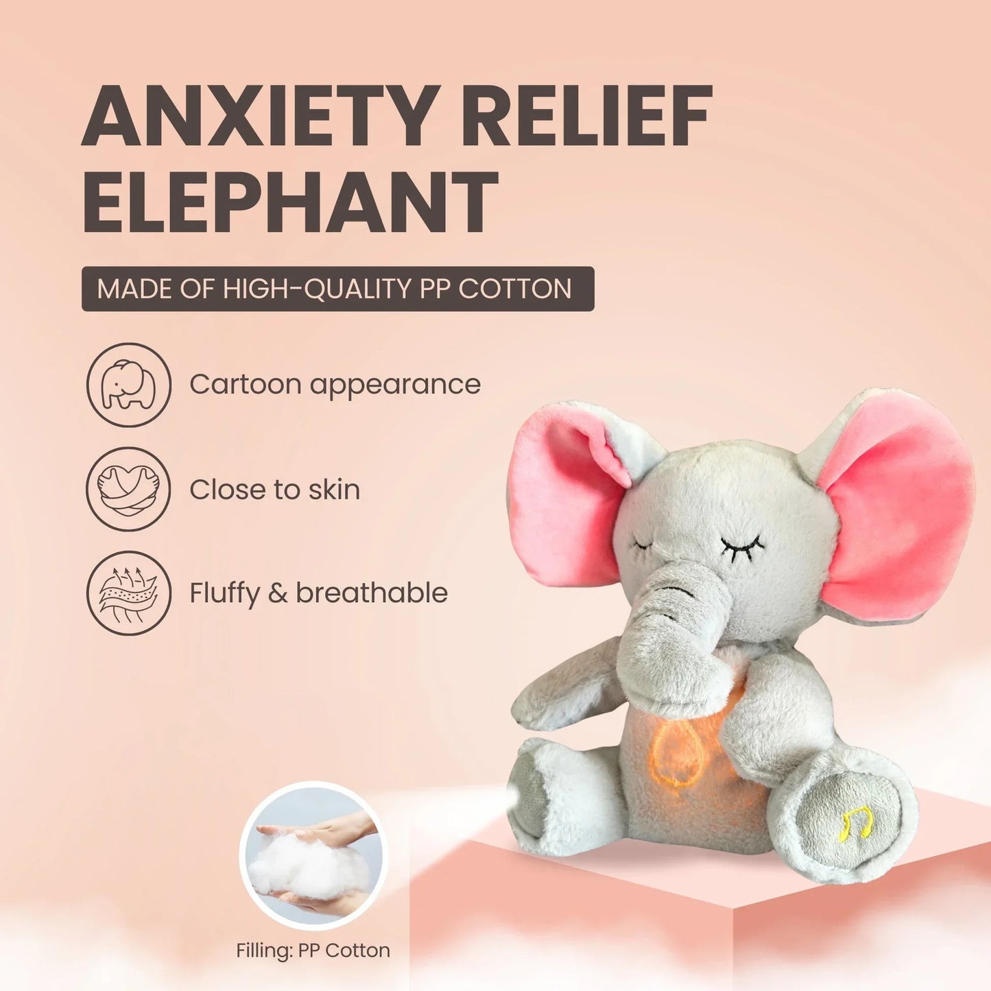 4-Mode Breathing Elephant/ Bunny Plush – Soothing Music & Light Sleep Companion